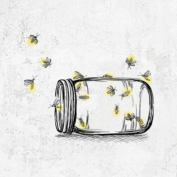Hand-drawn fireflies glowing around a tipped mason jar in black and yellow ink