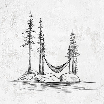 Line art of a hammock hanging between three pine trees by a calm lake