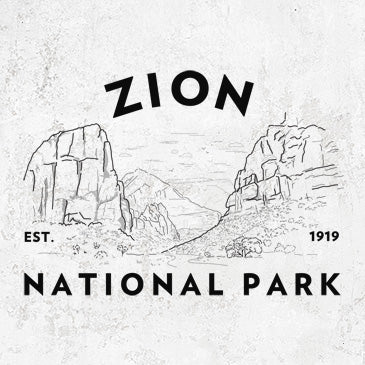 Minimalist line drawing of the Zion National Park landscape with "Zion" arched over the mountain peaks.