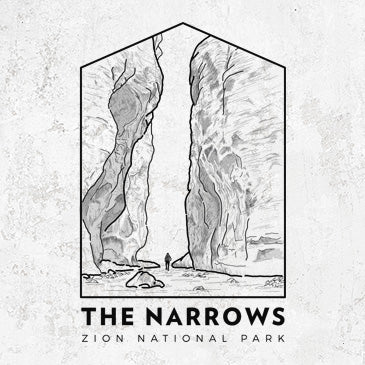 Line art illustration of a hiker standing between the tall canyon walls of The Narrows in Zion National Park.