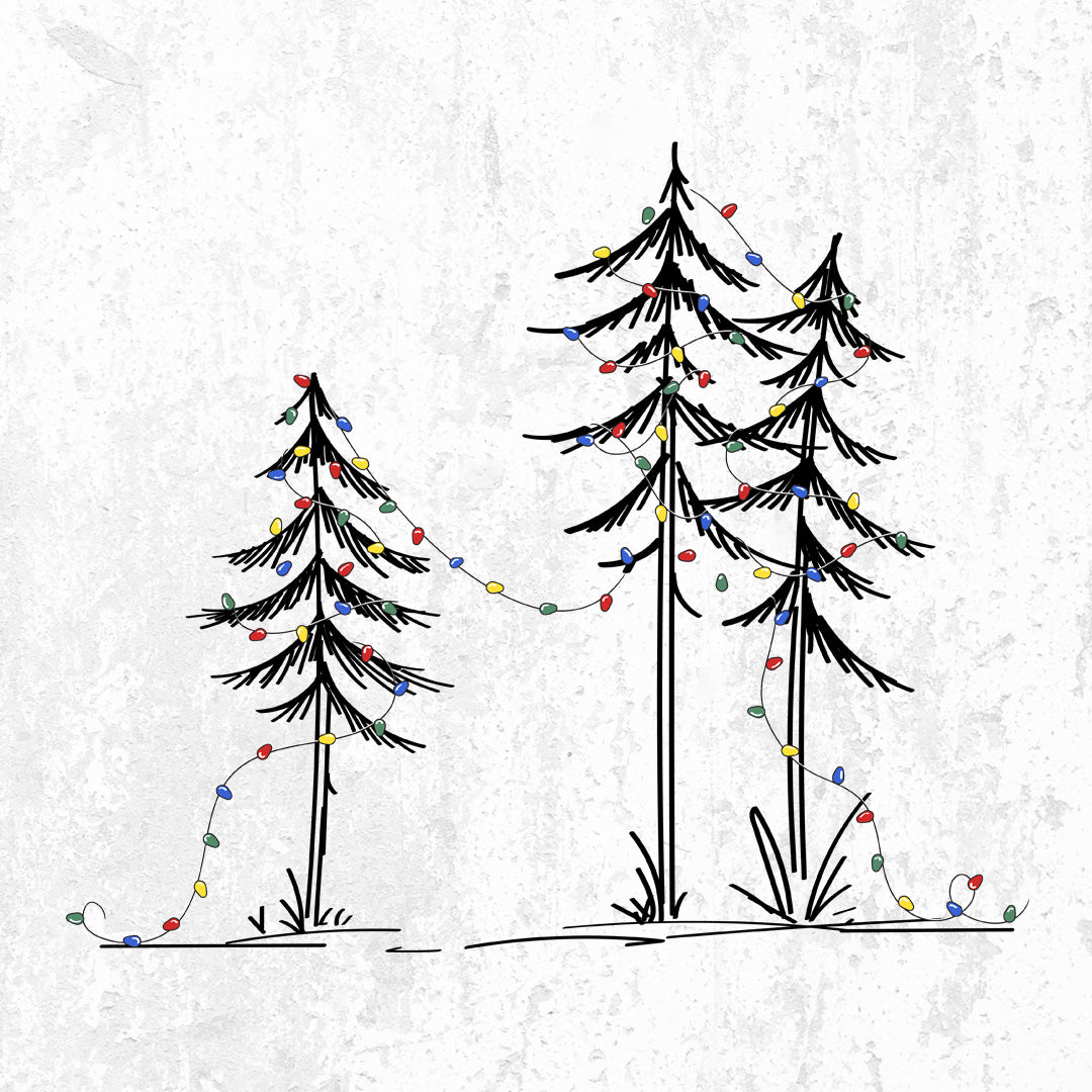 Christmas Deck the Pines design, three hand-drawn pines strung with colorful Christmas lights