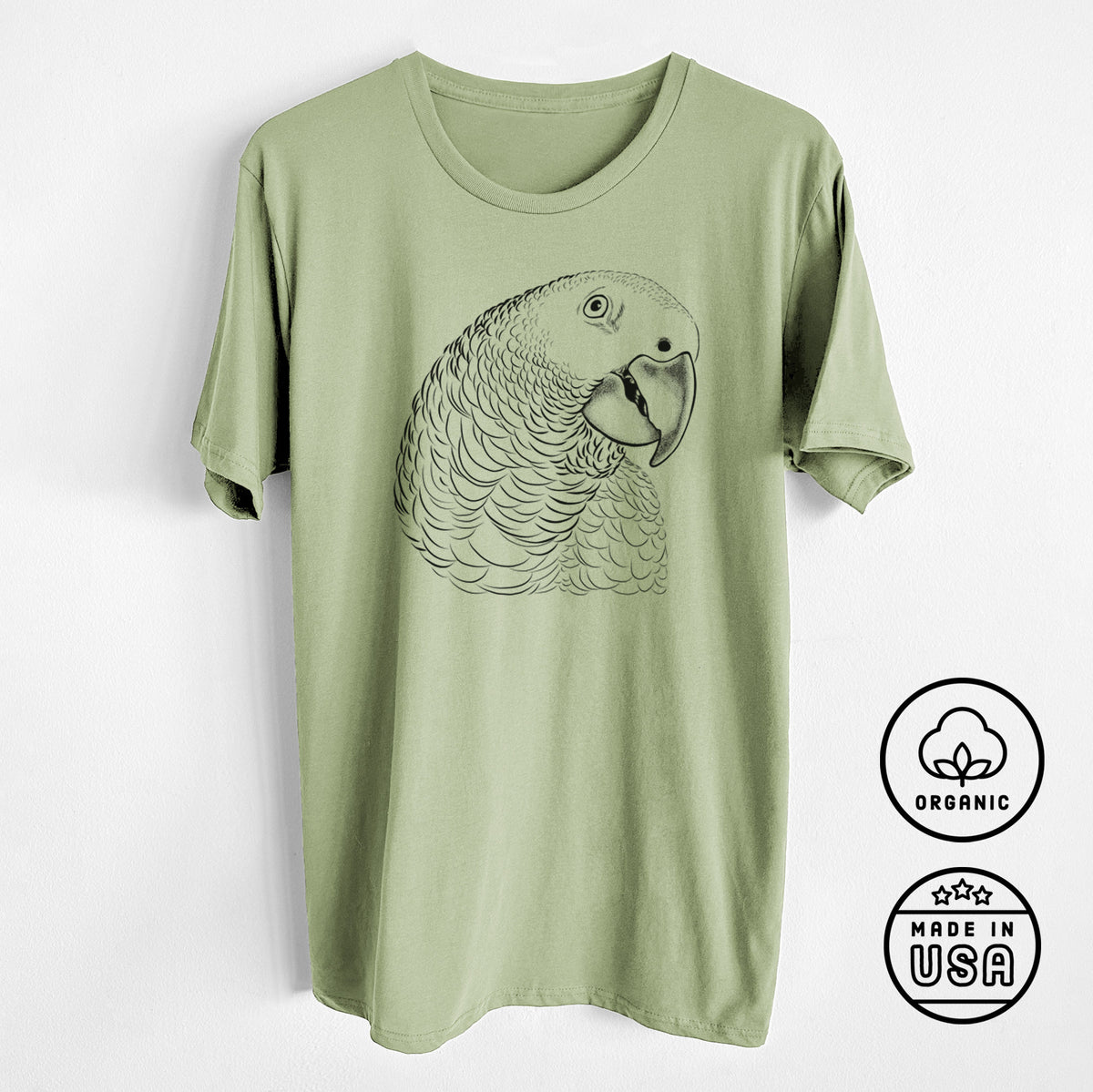 CLOSEOUT - African Grey Parrot - Unisex Crewneck - Made in USA - 100% Organic Cotton