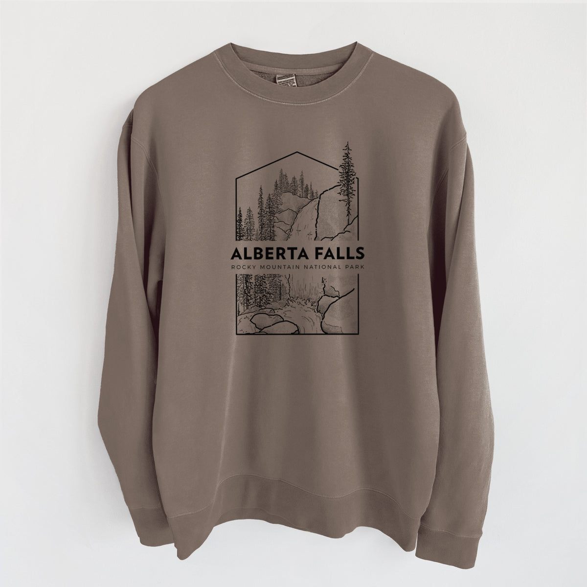 Alberta Falls - Rocky Mountain National Park - Unisex Pigment Dyed Crew Sweatshirt in Espresso Brown Color