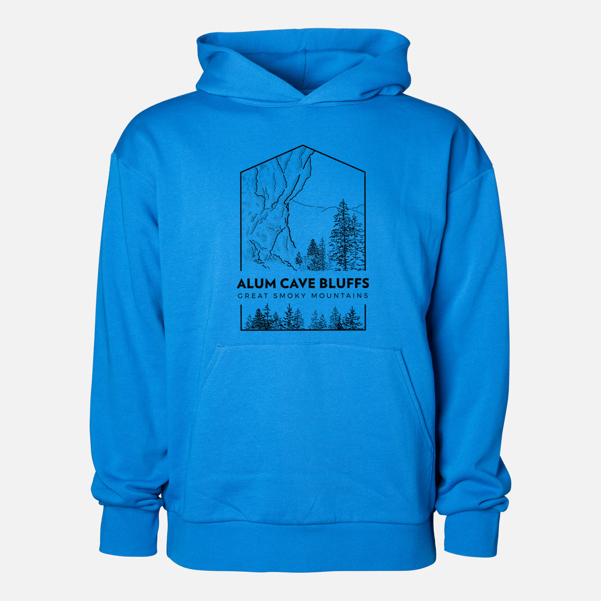 Alum Cave Bluffs - Great Smoky Mountains National Park - Statement Midweight Hoodie in Azure Blue, shown from the front with the design printed on the chest above a front kangaroo pocket.