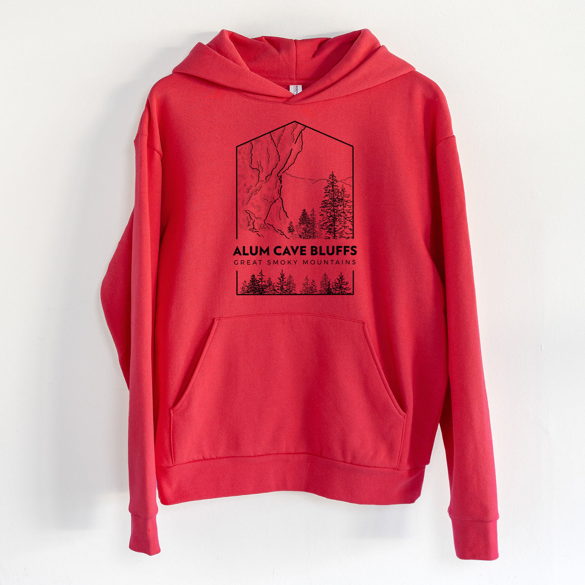 Alum Cave Bluffs - Great Smoky Mountains National Park - Statement Midweight Hoodie in Cherry Red, hanging on a white wall, with a front kangaroo pocket and no drawcords.