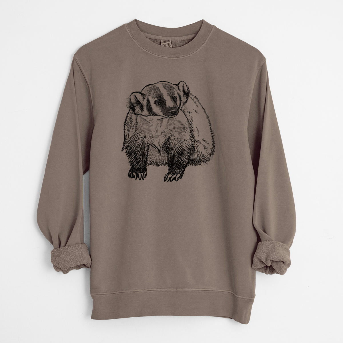 American Badger - Taxidea taxus - Unisex Pigment Dyed Crew Sweatshirt in Espresso Brown Color