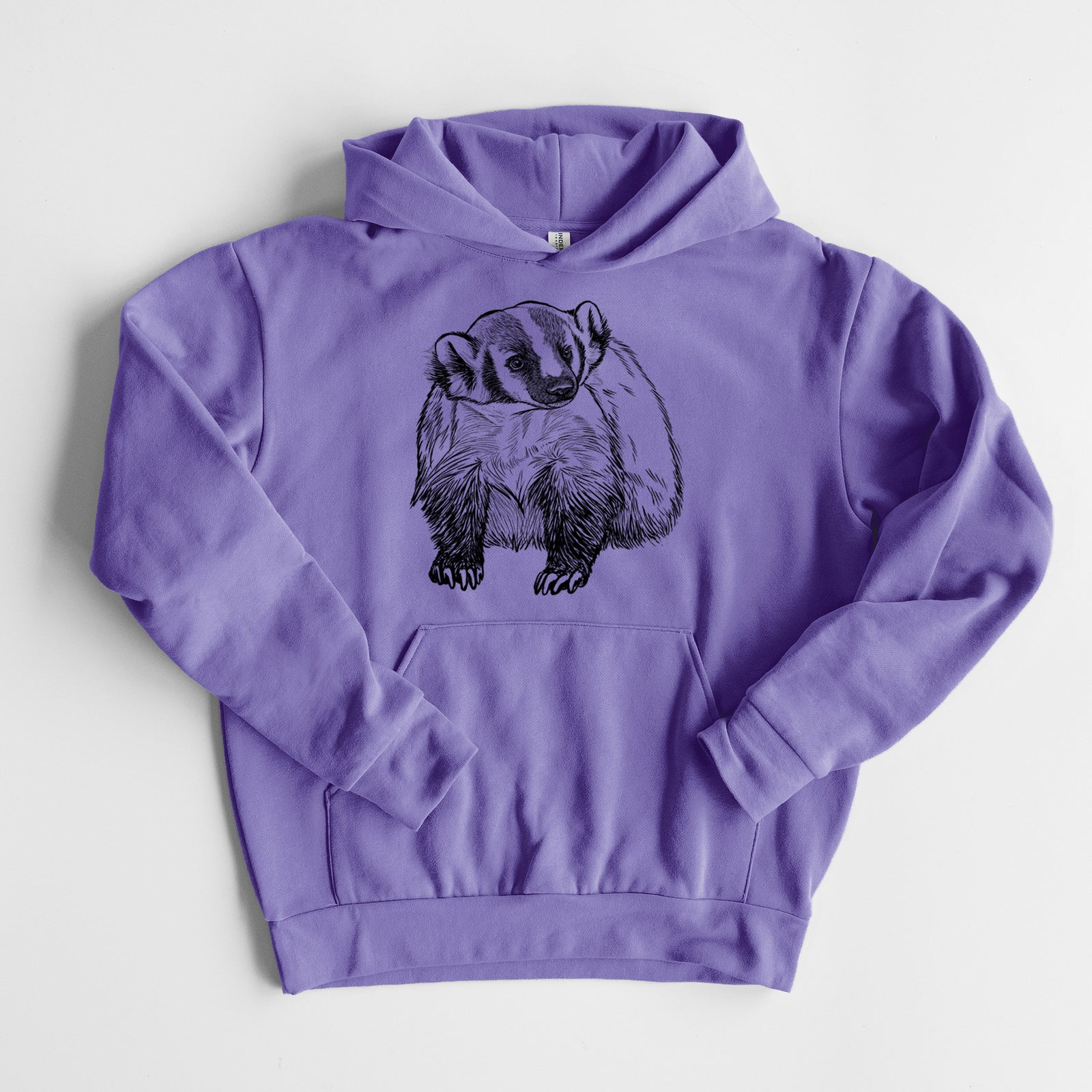 American Badger - Taxidea taxus - Statement Midweight Hoodie in Violet, laid flat, showing the oversized boxy fit and front kangaroo pocket.