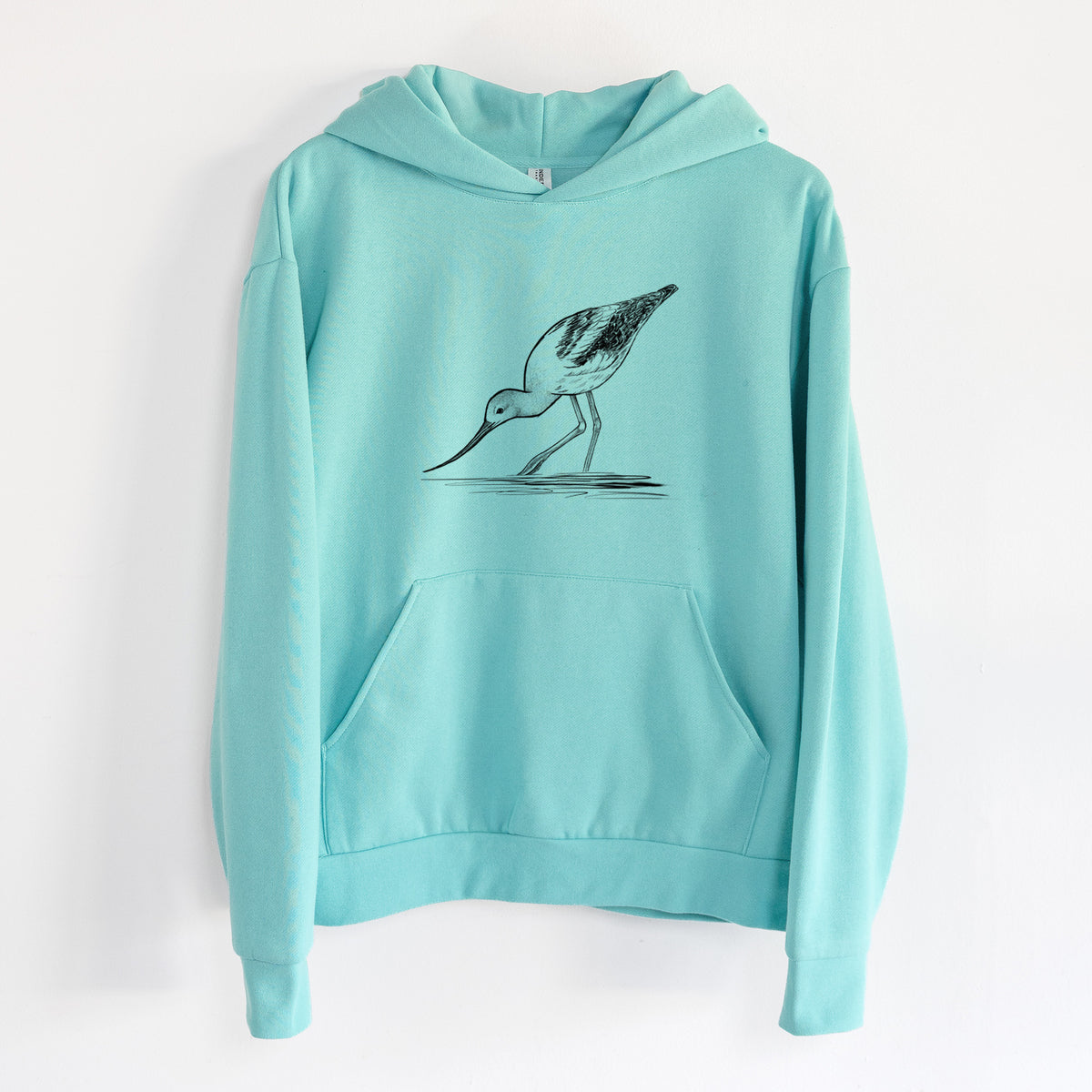 American Avocet - Recurvirostra americana - Statement Midweight Hoodie in Seafoam, hanging on a white wall, with a front kangaroo pocket and no drawcords.