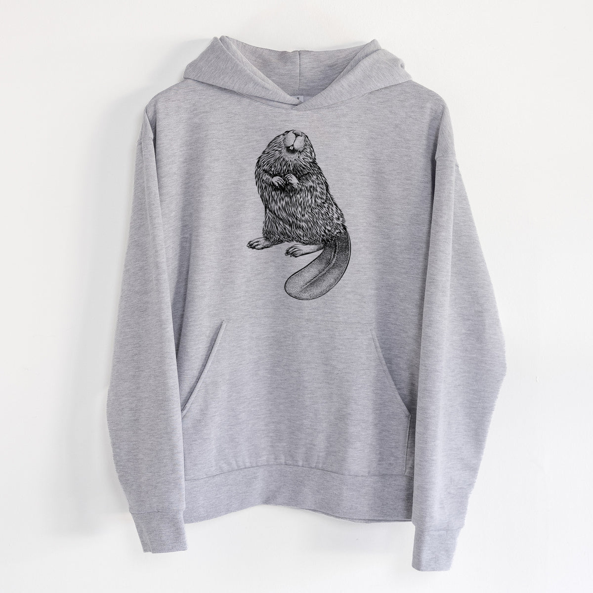North American Beaver - Castor canadensis - Statement Midweight Hoodie in Heather Grey, hanging on a white wall, with a front kangaroo pocket and no drawcords.