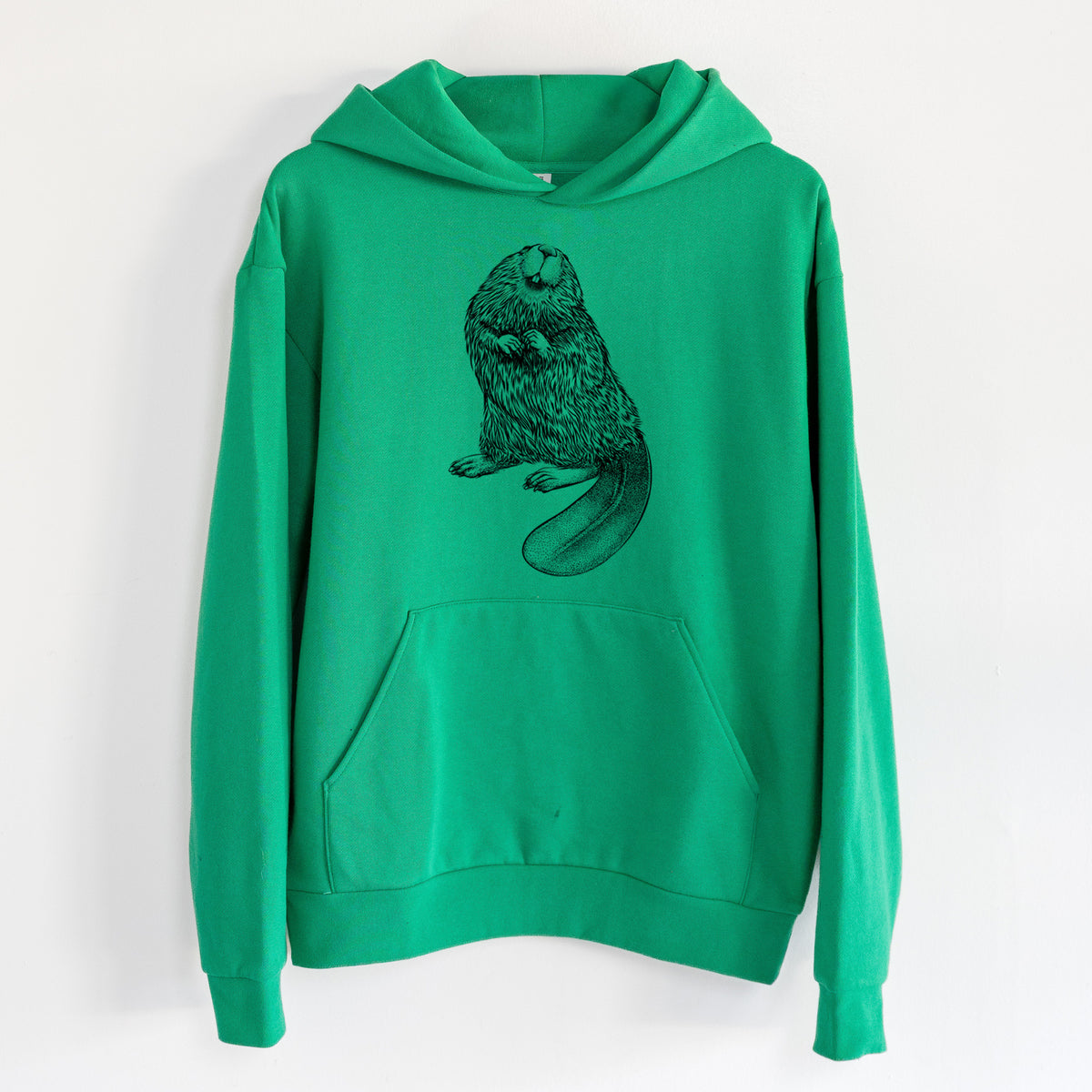 North American Beaver - Castor canadensis - Statement Midweight Hoodie in Kelly Green, hanging on a white wall, with a front kangaroo pocket and no drawcords.