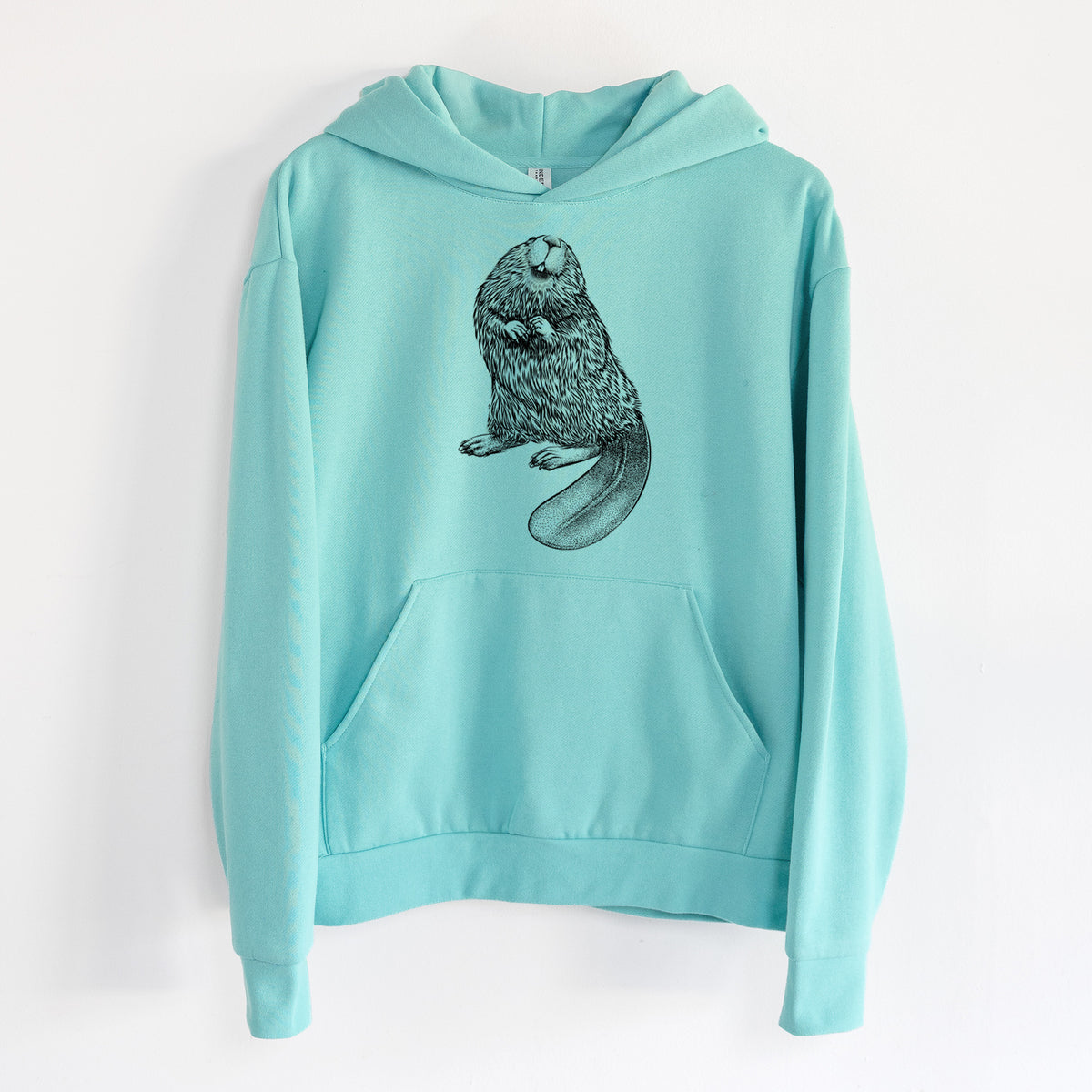 North American Beaver - Castor canadensis - Statement Midweight Hoodie in Seafoam, hanging on a white wall, with a front kangaroo pocket and no drawcords.