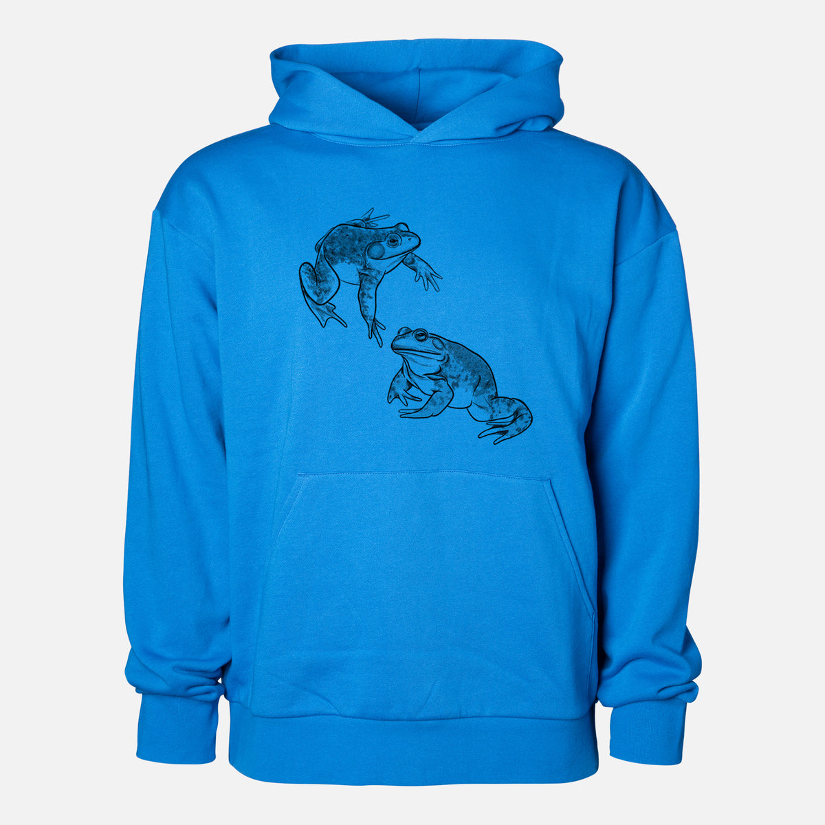 American Bullfrogs - Lithobates catesbeianus - Statement Midweight Hoodie in Azure Blue, shown from the front with the design printed on the chest above a front kangaroo pocket.