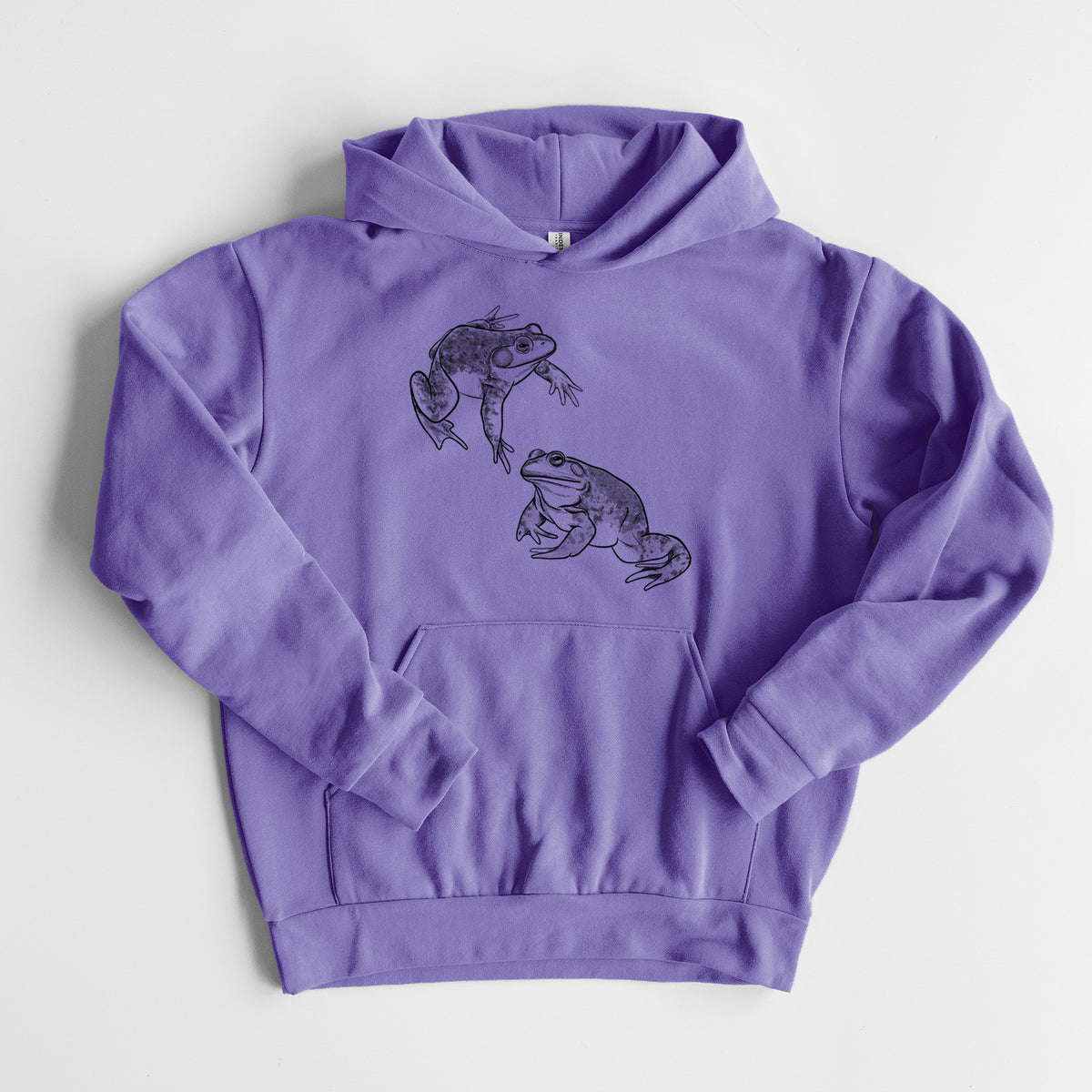 American Bullfrogs - Lithobates catesbeianus - Statement Midweight Hoodie in Violet, laid flat, showing the oversized boxy fit and front kangaroo pocket.
