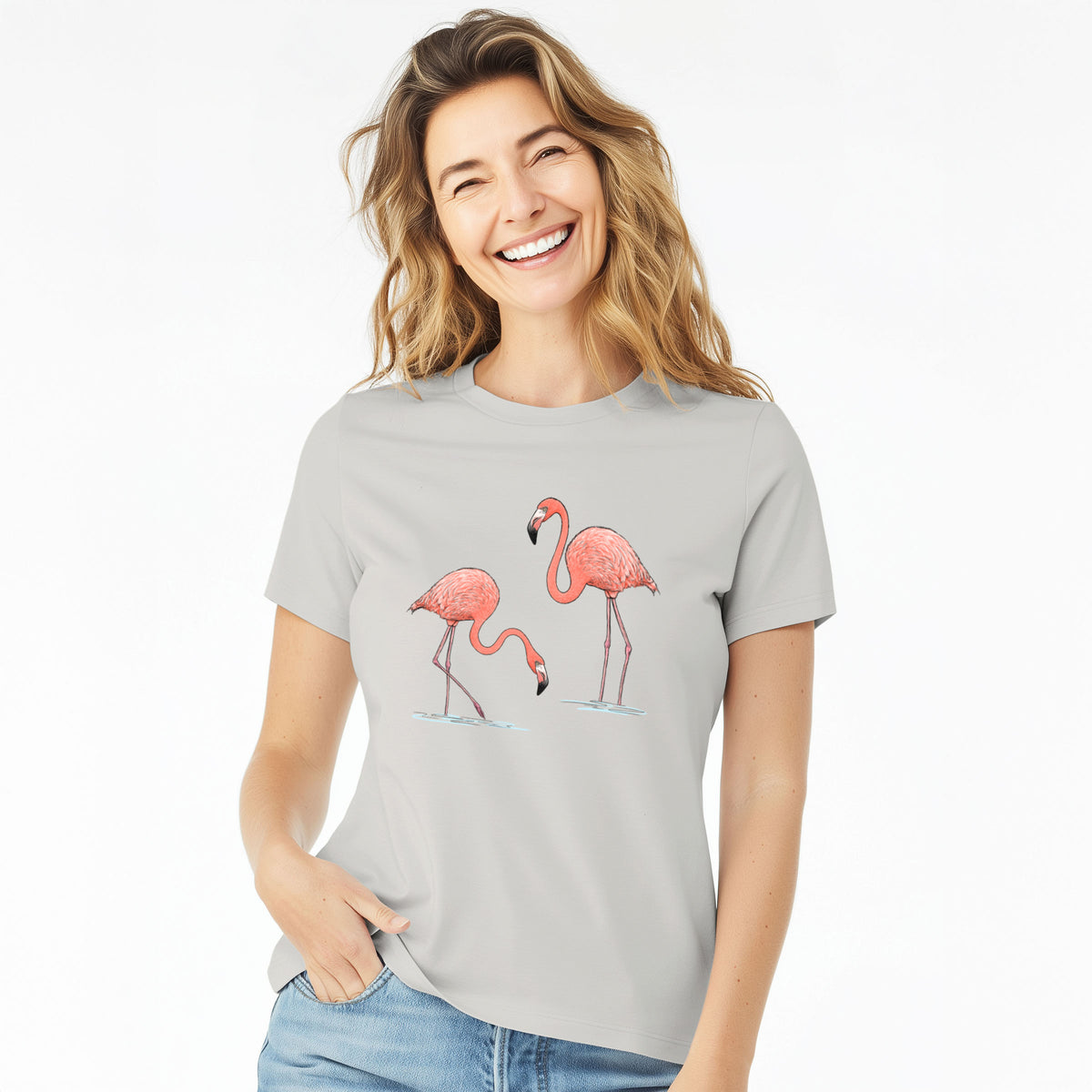 American Flamingos - Phoenicopterus ruber - Women's Lightweight Relaxed Fit 100% Cotton Crewneck