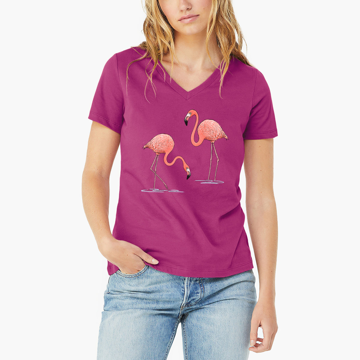 American Flamingos - Phoenicopterus ruber - Women's Lightweight Relaxed Fit 100% Cotton V-neck
