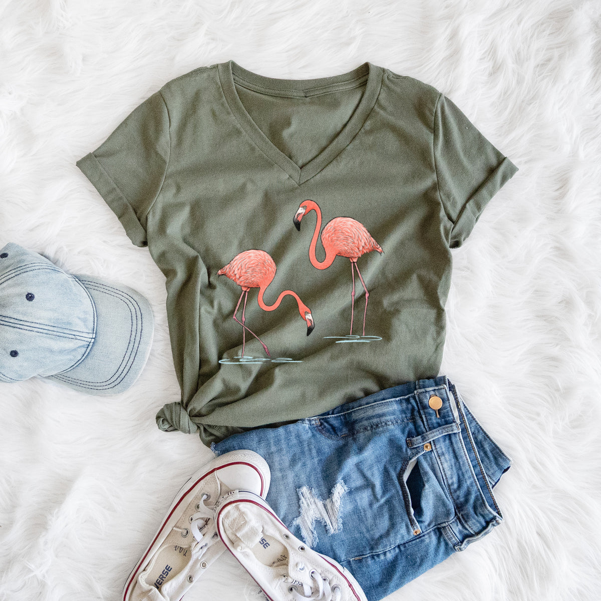 American Flamingos - Phoenicopterus ruber - Women's Lightweight Relaxed Fit 100% Cotton V-neck
