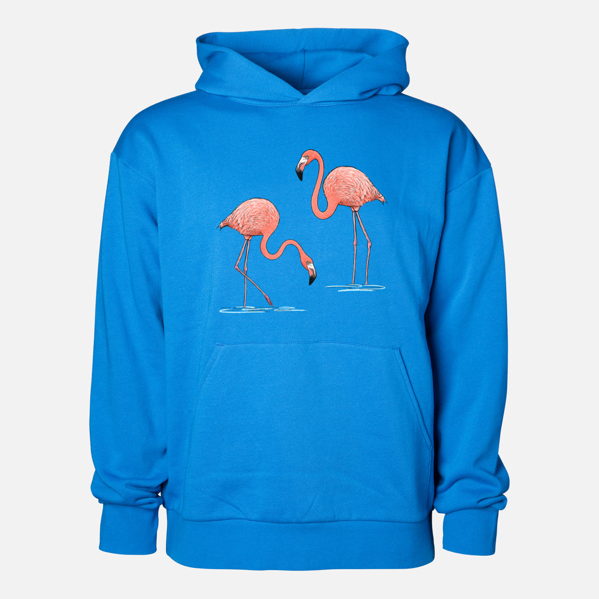 American Flamingos - Phoenicopterus ruber - Statement Midweight Hoodie in Azure Blue, shown from the front with the design printed on the chest above a front kangaroo pocket.