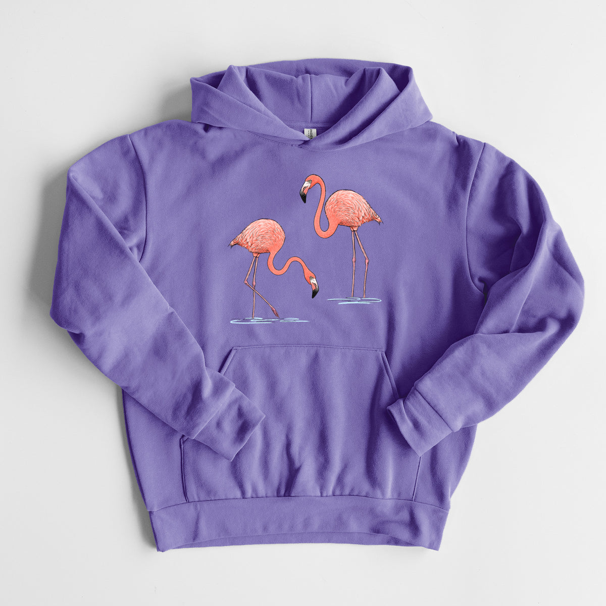 American Flamingos - Phoenicopterus ruber - Statement Midweight Hoodie in Violet, laid flat, showing the oversized boxy fit and front kangaroo pocket.