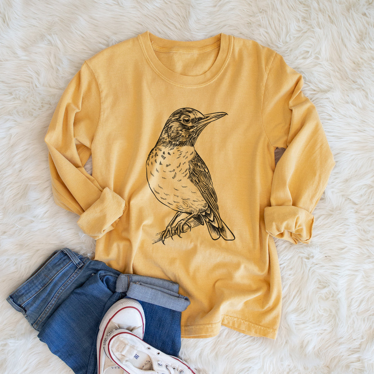 American Robin - Turdus migratorius - Men&#39;s Heavyweight 100% Cotton Long Sleeve