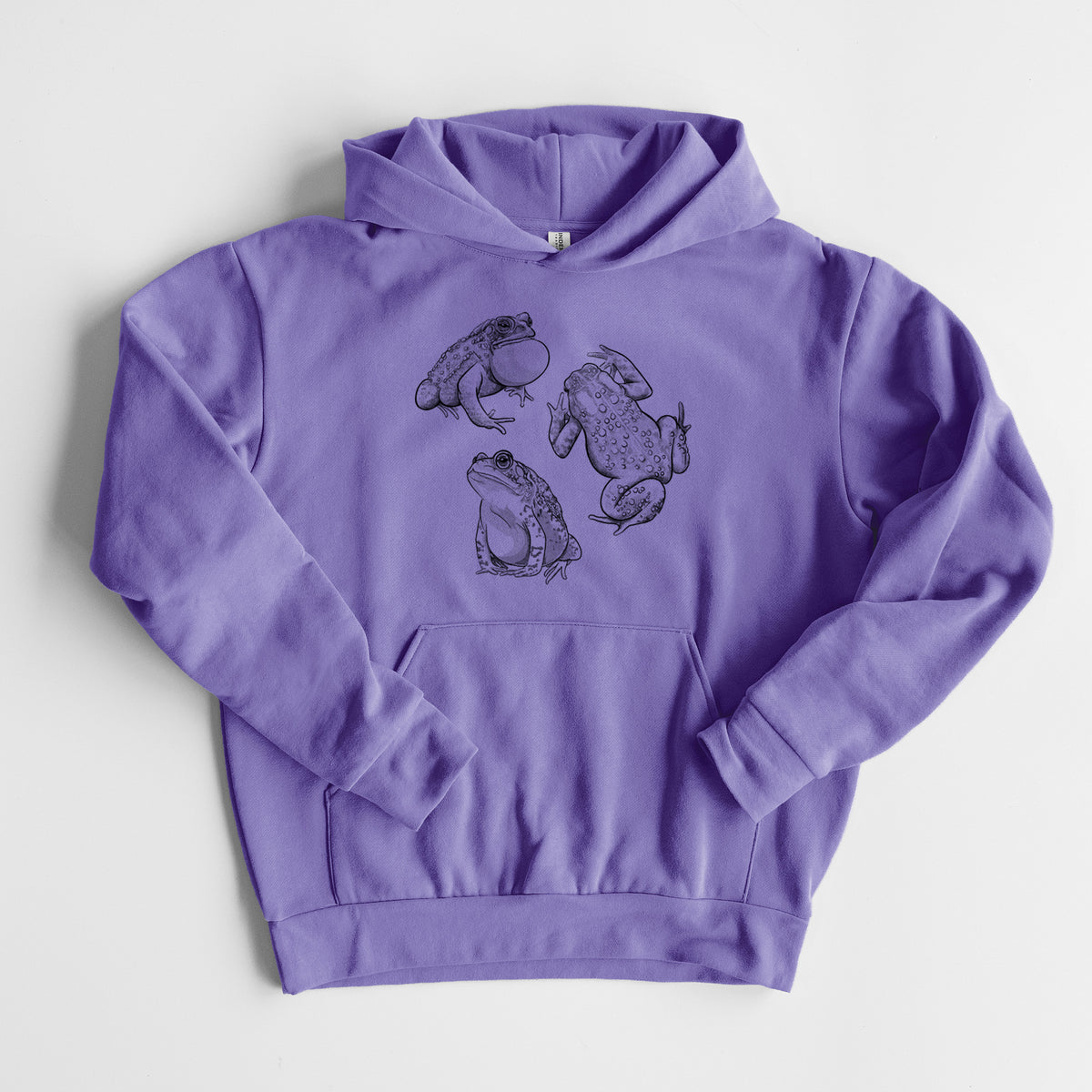 American Toads - Anaxyrus americanus - Statement Midweight Hoodie in Violet, laid flat, showing the oversized boxy fit and front kangaroo pocket.