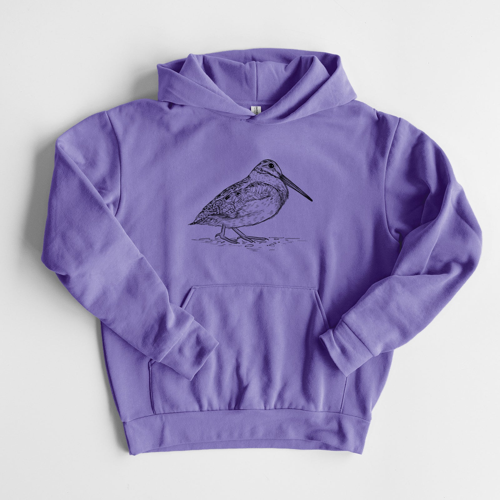 American Woodcock - Scolopax minor - Statement Midweight Hoodie in Violet, laid flat, showing the oversized boxy fit and front kangaroo pocket.