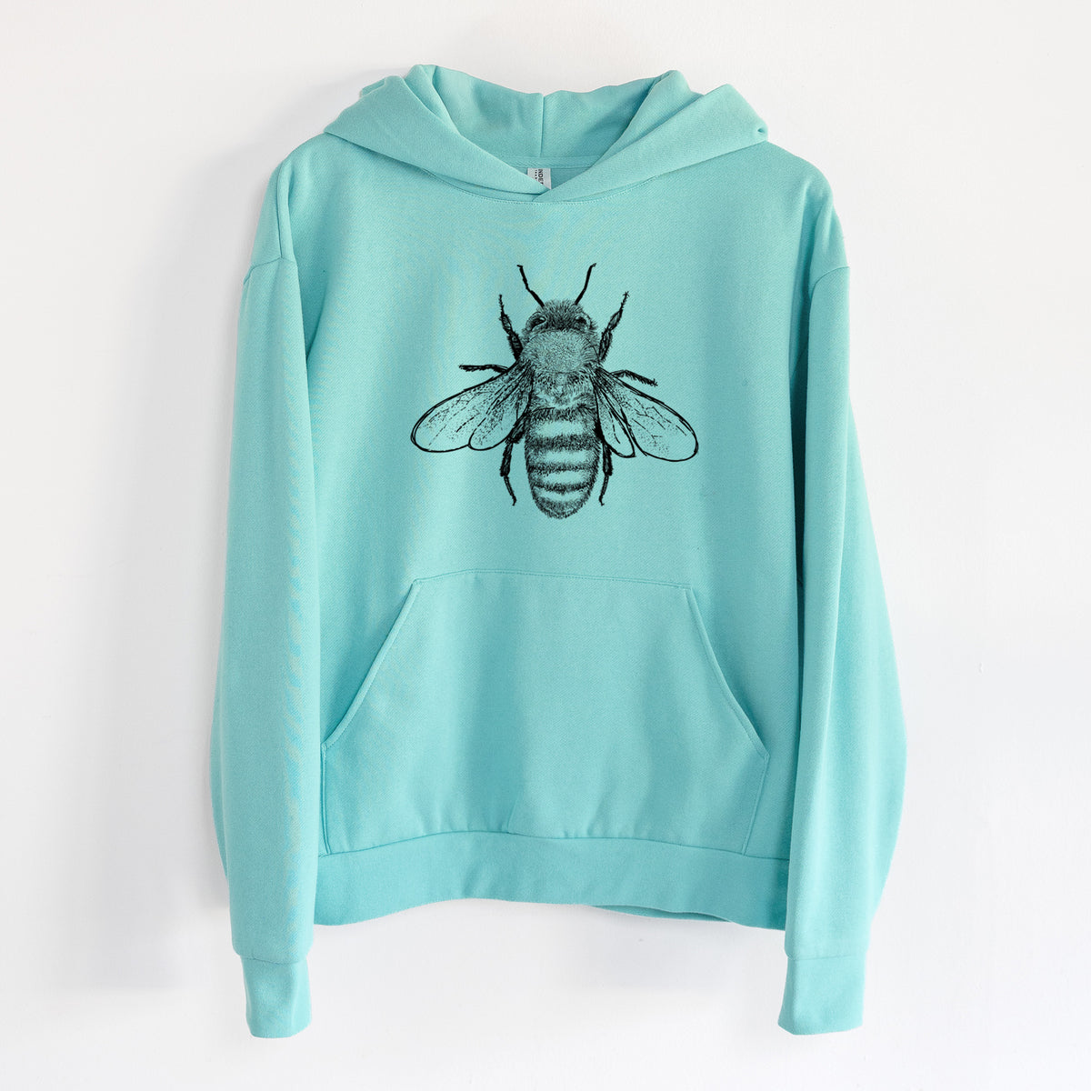 Apis Mellifera - Honey Bee - Statement Midweight Hoodie in Seafoam, hanging on a white wall, with a front kangaroo pocket and no drawcords.