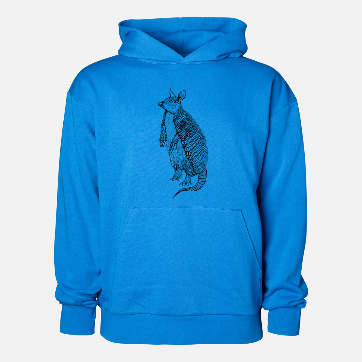 Nine-Banded Armadillo - Dasypus novemcinctus - Statement Midweight Hoodie in Azure Blue, shown from the front with the design printed on the chest above a front kangaroo pocket.