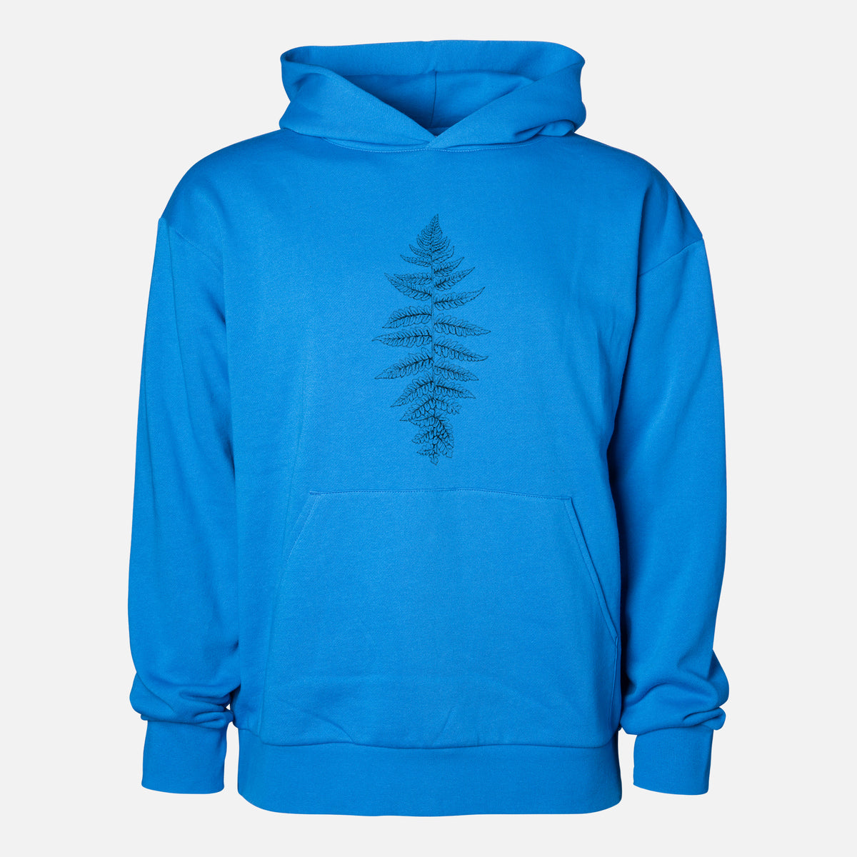 Athyrium filix femina - Lady Fern - Statement Midweight Hoodie in Azure Blue, shown from the front with the design printed on the chest above a front kangaroo pocket.