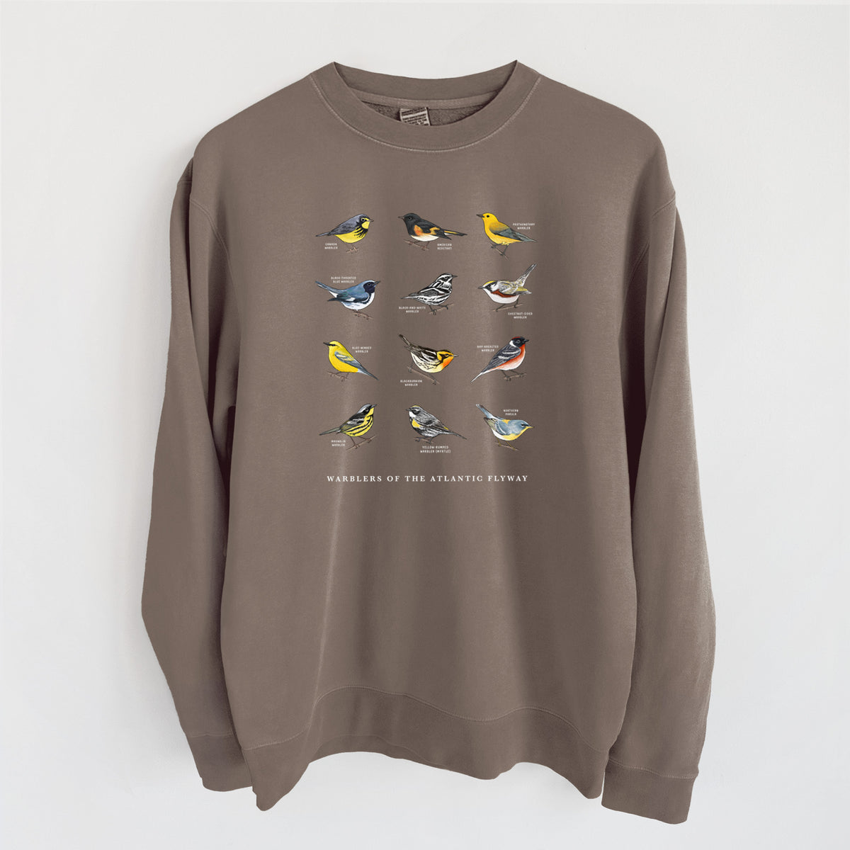 Warblers of the Atlantic Flyway - Unisex Pigment Dyed Crew Sweatshirt in Espresso color