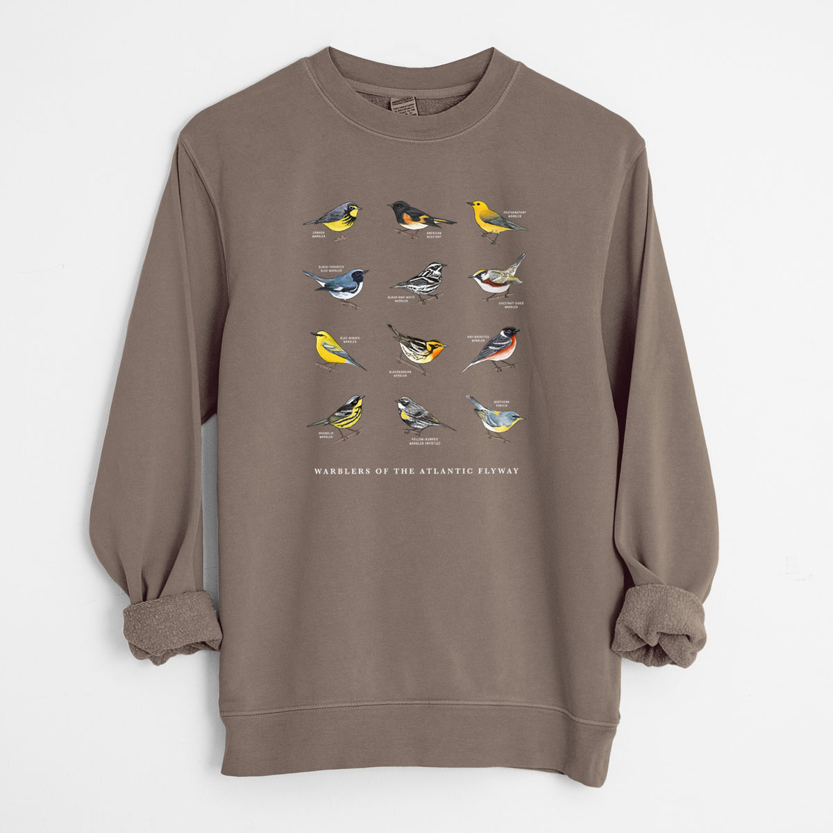 Warblers of the Atlantic Flyway - Unisex Pigment Dyed Crew Sweatshirt in Espresso color