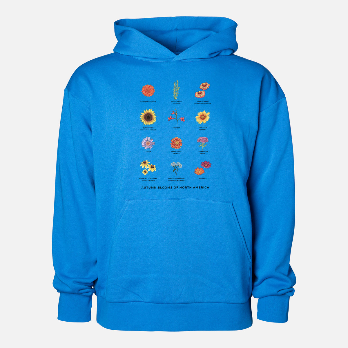 Autumn Blooms of North America - Statement Midweight Hoodie in Azure Blue, shown from the front with the design printed on the chest above a front kangaroo pocket.