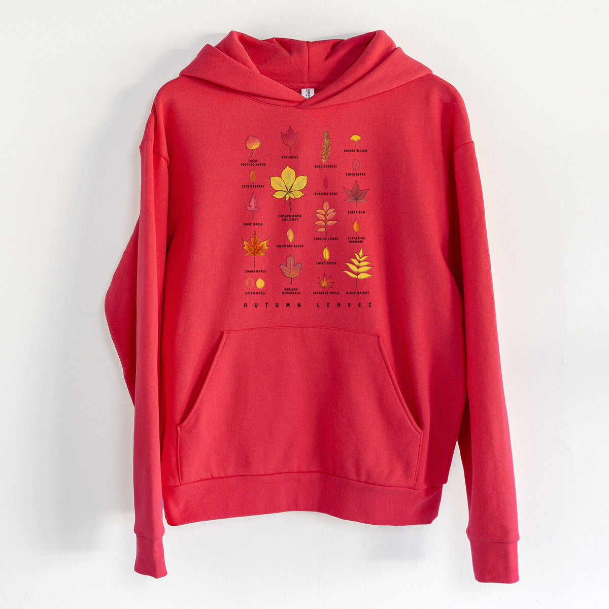Vibrant Autumn Leaves Chart - Statement Midweight Hoodie in Cherry Red, hanging on a white wall, with a front kangaroo pocket and no drawcords.