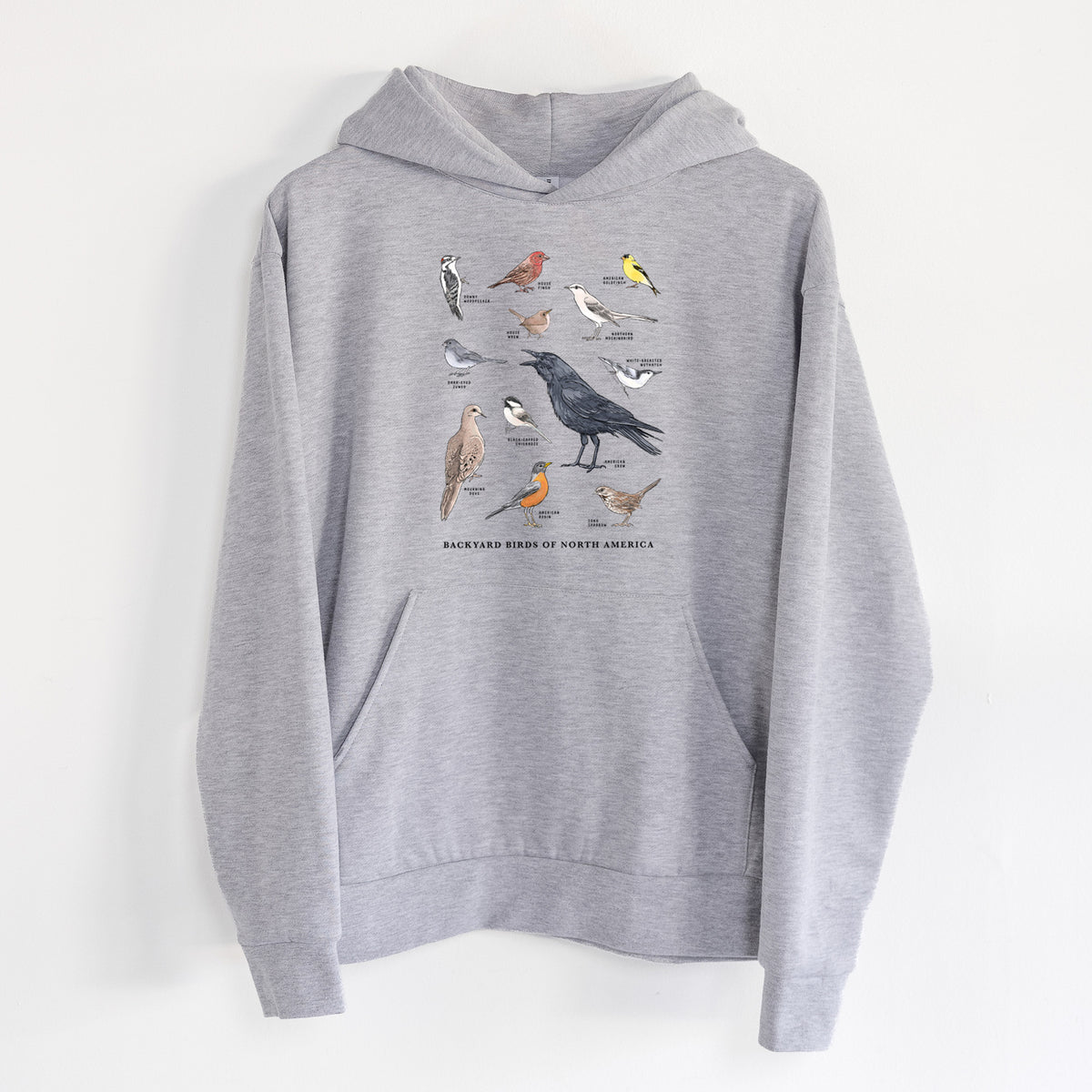Common Backyard Birds of North America - Statement Midweight Hoodie in Heather Grey, hanging on a white wall, with a front kangaroo pocket and no drawcords.