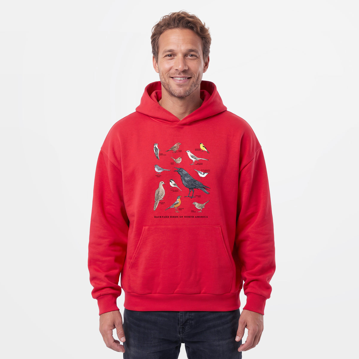 Male model wearing the Common Backyard Birds of North America - Statement Midweight Hoodie.