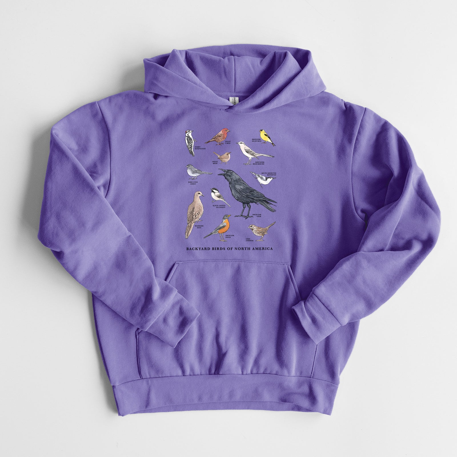 Common Backyard Birds of North America - Statement Midweight Hoodie in Violet, laid flat, showing the oversized boxy fit and front kangaroo pocket.