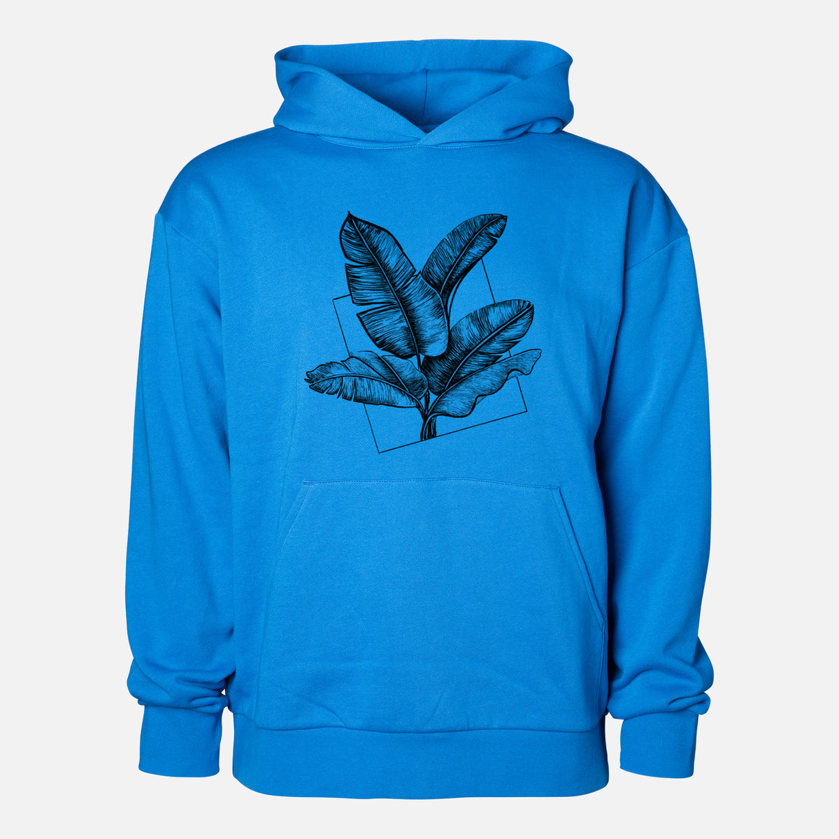 Banana Plant Leaves - Statement Midweight Hoodie in Azure Blue, shown from the front with the design printed on the chest above a front kangaroo pocket.