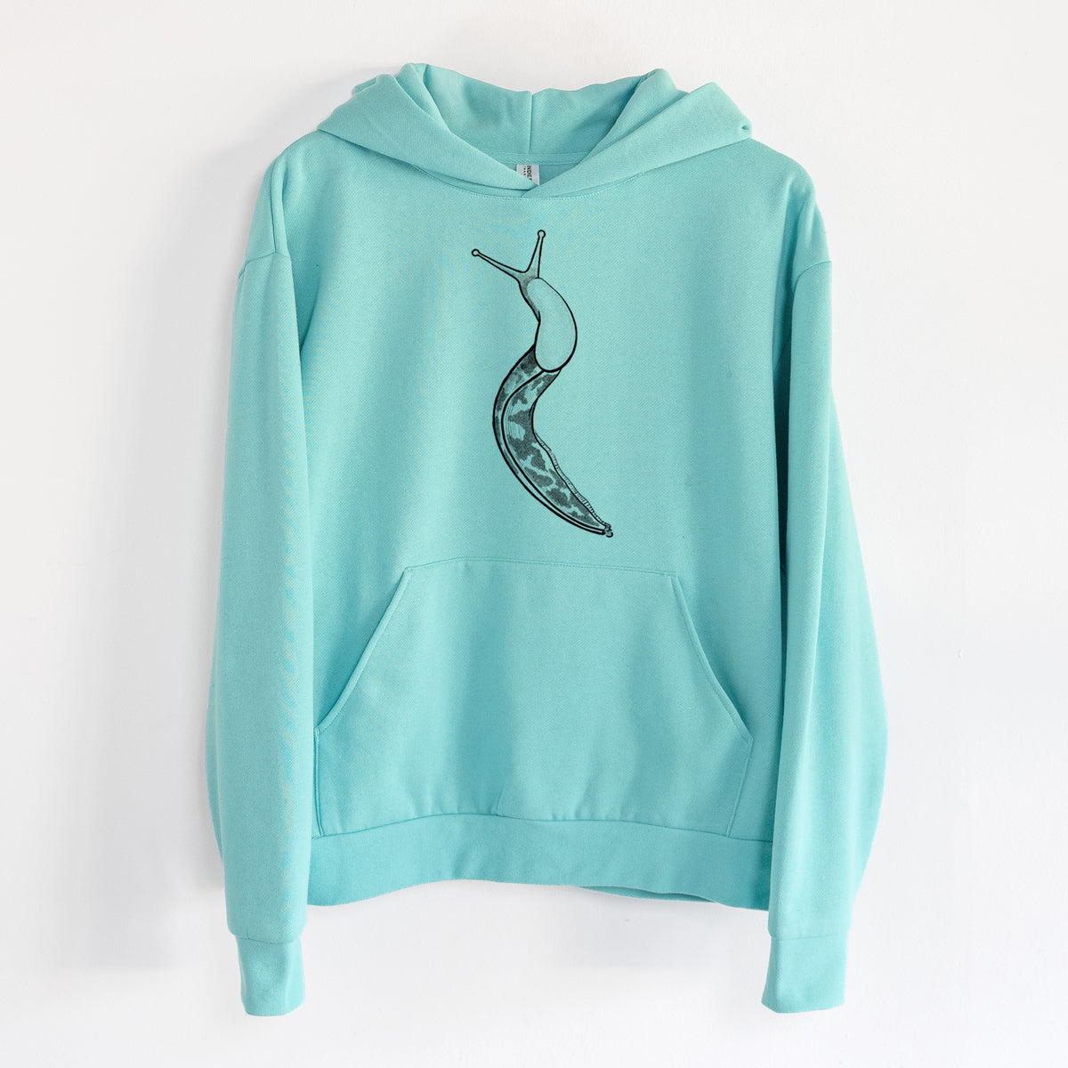 Pacific Banana Slug - Ariolimax columbianus - Statement Midweight Hoodie in Seafoam, hanging on a white wall, with a front kangaroo pocket and no drawcords.