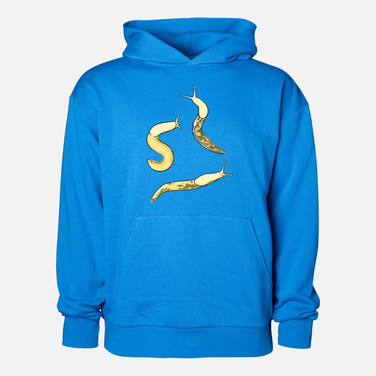 Banana Slug Squad - Ariolimax columbianus - Statement Midweight Hoodie in Azure Blue, shown from the front with the design printed on the chest above a front kangaroo pocket.