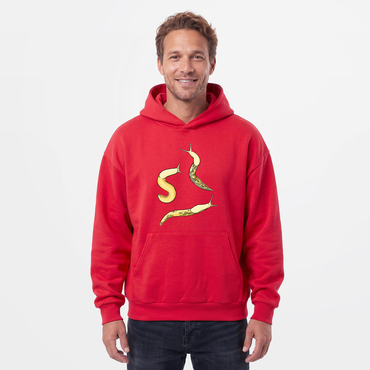 Male model wearing the Banana Slug Squad - Ariolimax columbianus - Statement Midweight Hoodie.