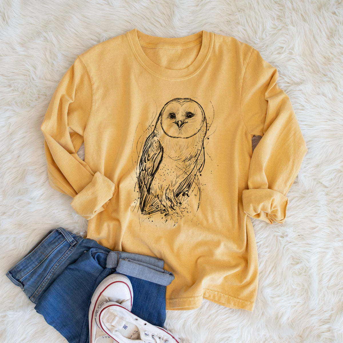 Barn Owl - Tyto alba - Men&#39;s Heavyweight 100% Cotton Long Sleeve