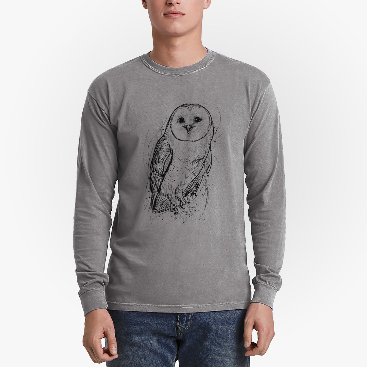 Barn Owl - Tyto alba - Men&#39;s Heavyweight 100% Cotton Long Sleeve