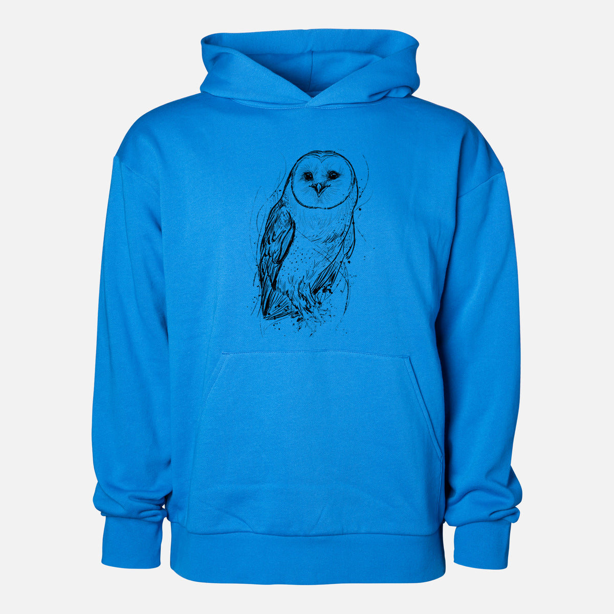 Barn Owl - Tyto alba - Statement Midweight Hoodie in Azure Blue, shown from the front with the design printed on the chest above a front kangaroo pocket.