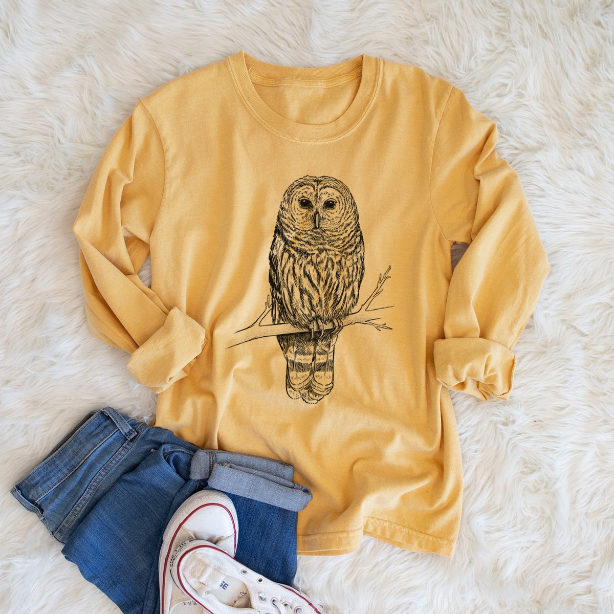 Barred Owl - Strix varia - Men&#39;s Heavyweight 100% Cotton Long Sleeve