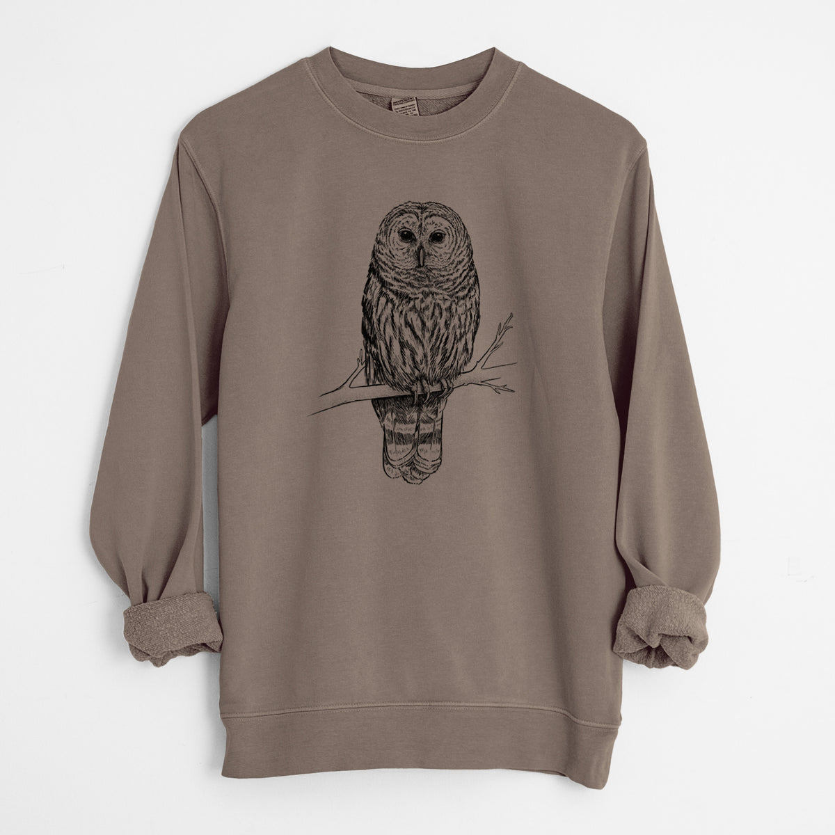 Barred Owl - Strix varia - Unisex Pigment Dyed Crew Sweatshirt in Espresso Brown Color