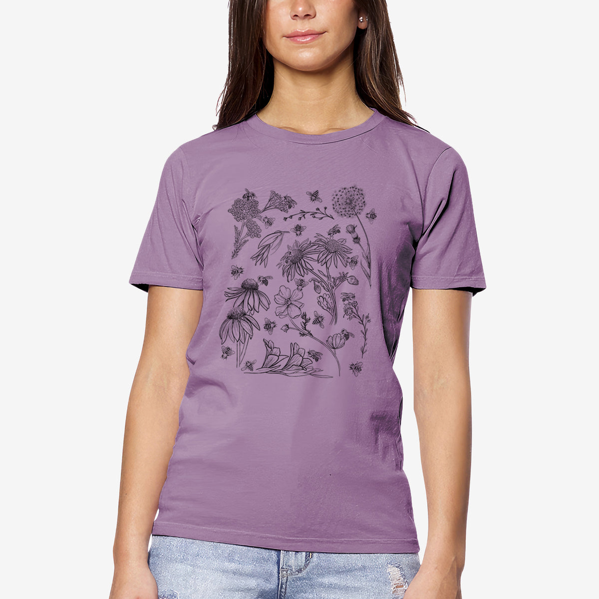 CLOSEOUT - Bees &amp; Blooms - Honeybees with Wildflowers - Unisex Crewneck - Made in USA - 100% Organic Cotton