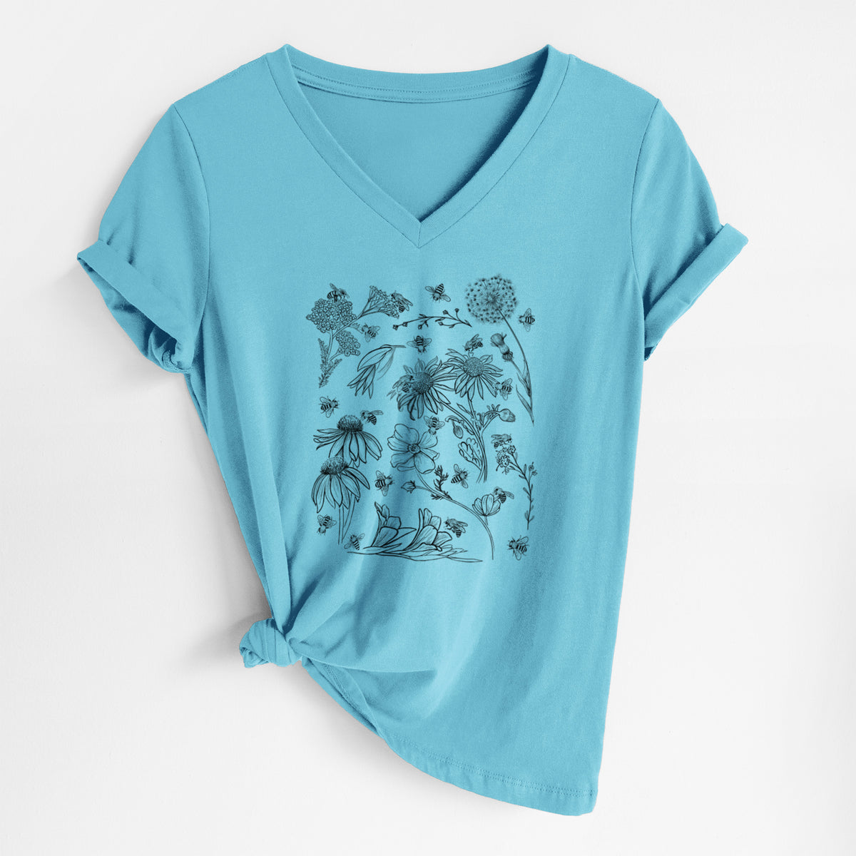 Bees &amp; Blooms - Honeybees with Wildflowers - Women&#39;s Lightweight Relaxed Fit 100% Cotton V-neck