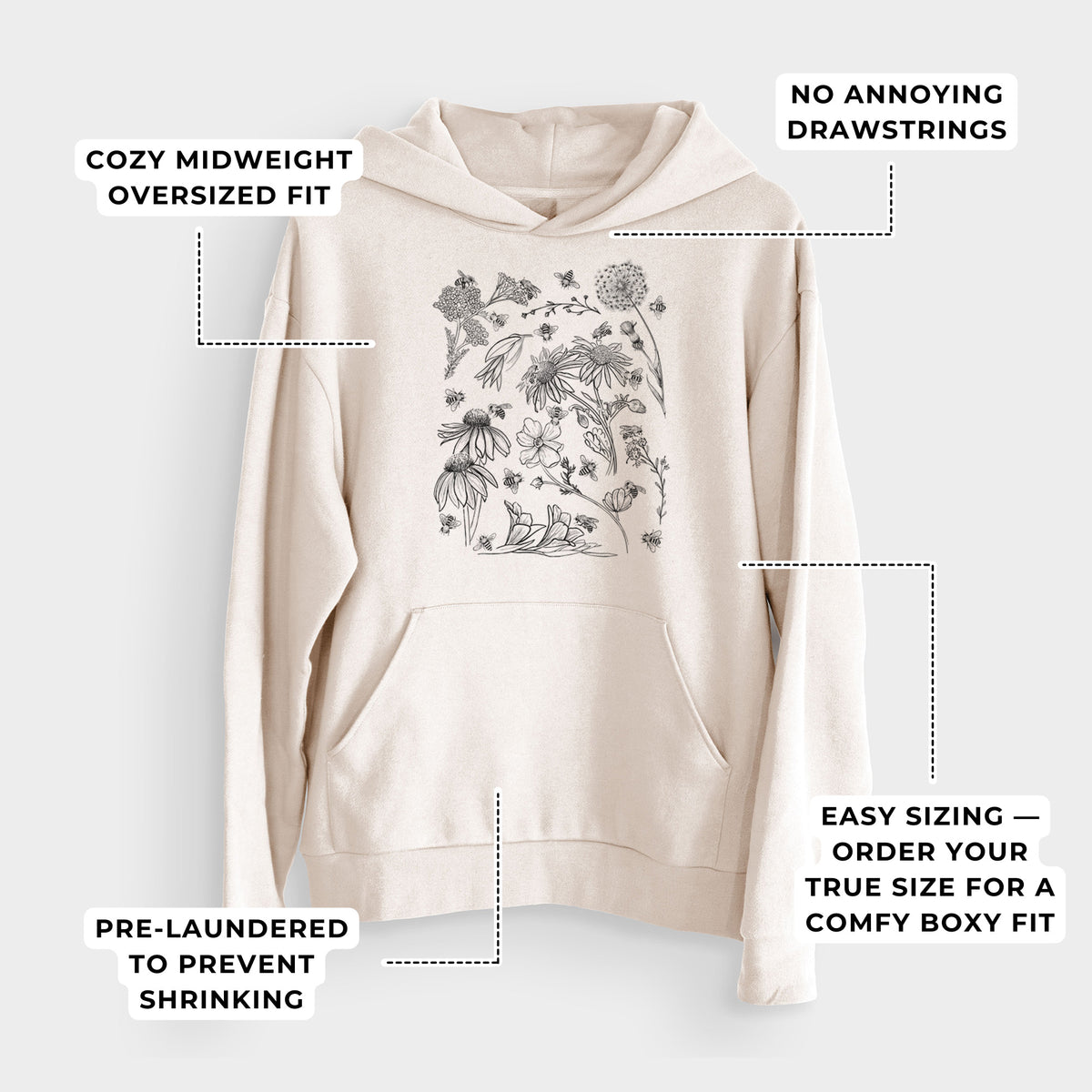 Bees &amp; Blooms - Honeybees with Wildflowers  - Bodega Midweight Hoodie