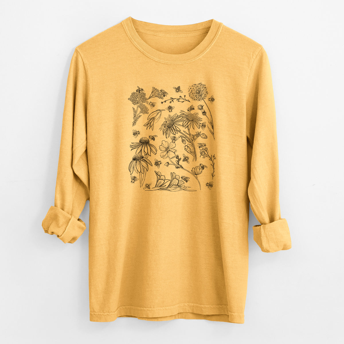 Bees &amp; Blooms - Honeybees with Wildflowers - Men&#39;s Heavyweight 100% Cotton Long Sleeve