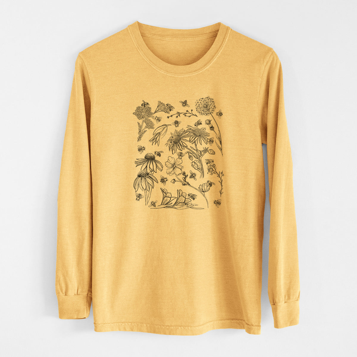 Bees &amp; Blooms - Honeybees with Wildflowers - Men&#39;s Heavyweight 100% Cotton Long Sleeve