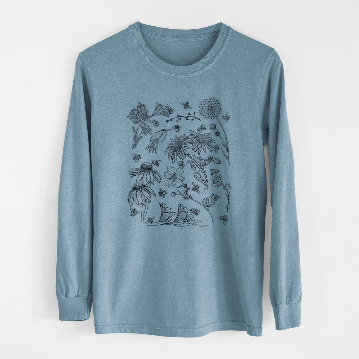 Bees &amp; Blooms - Honeybees with Wildflowers - Heavyweight 100% Cotton Long Sleeve